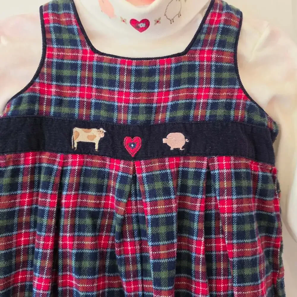 Flourishing Baby 24M Plaid Farm Animal Romper Turtleneck Set 90s